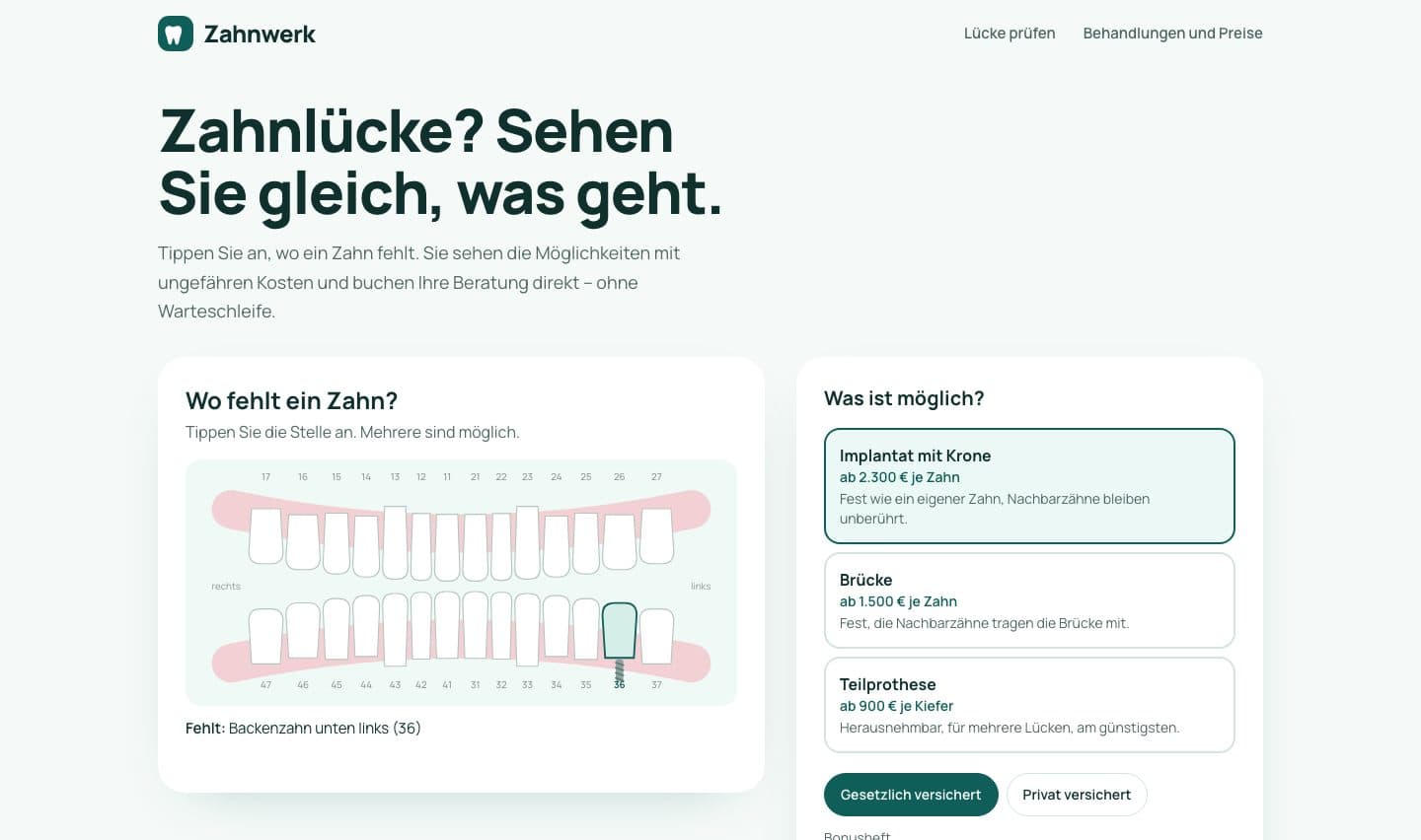 Erfundene Zahnarztpraxis Zahnwerk: Gebiss zum Antippen, zwei Backenzähne mit Implantat ersetzt